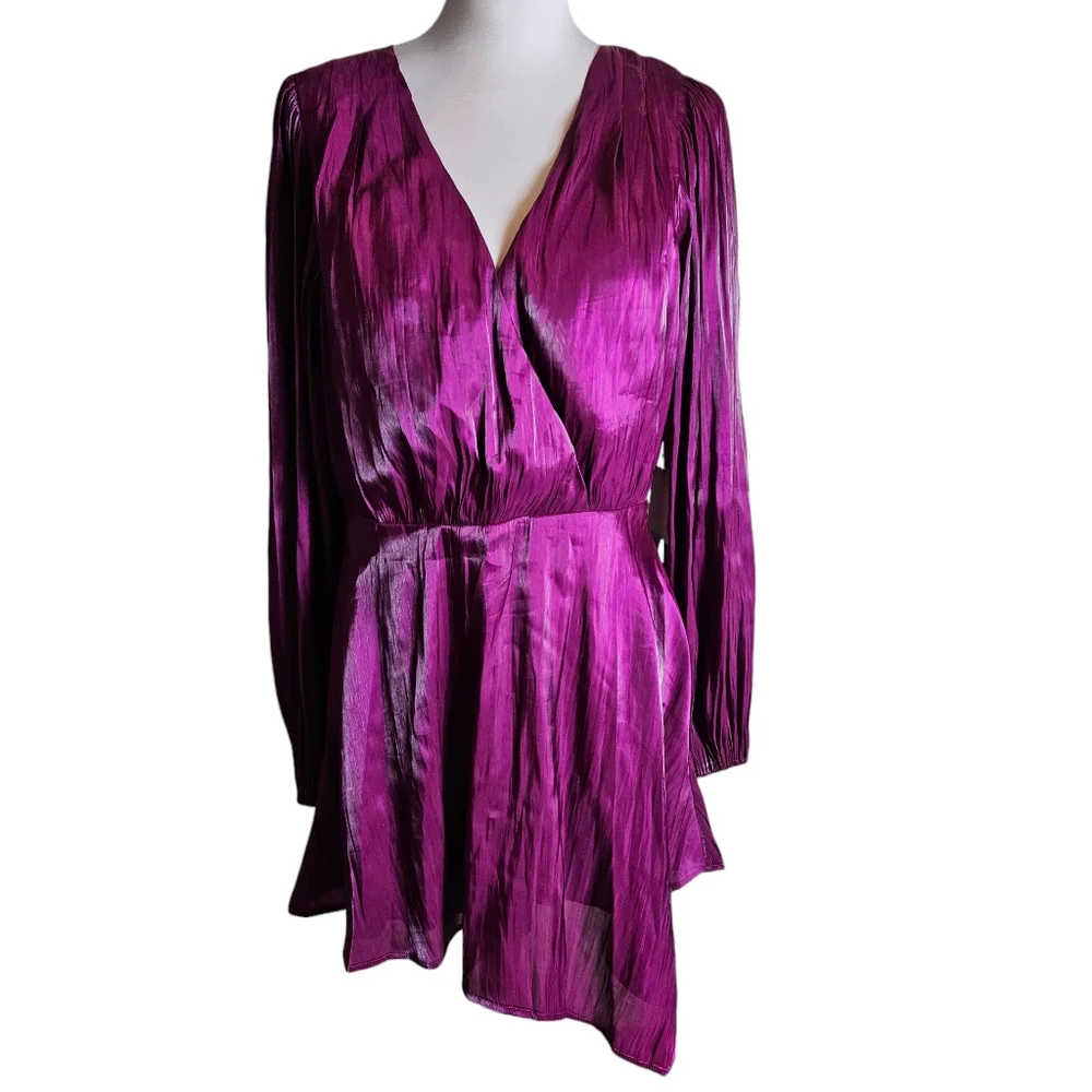 Tularosa Revolve Eliza Magenta Surplice Mini Dress Size Large Asymmetric Flirty - Picture 3 of 16